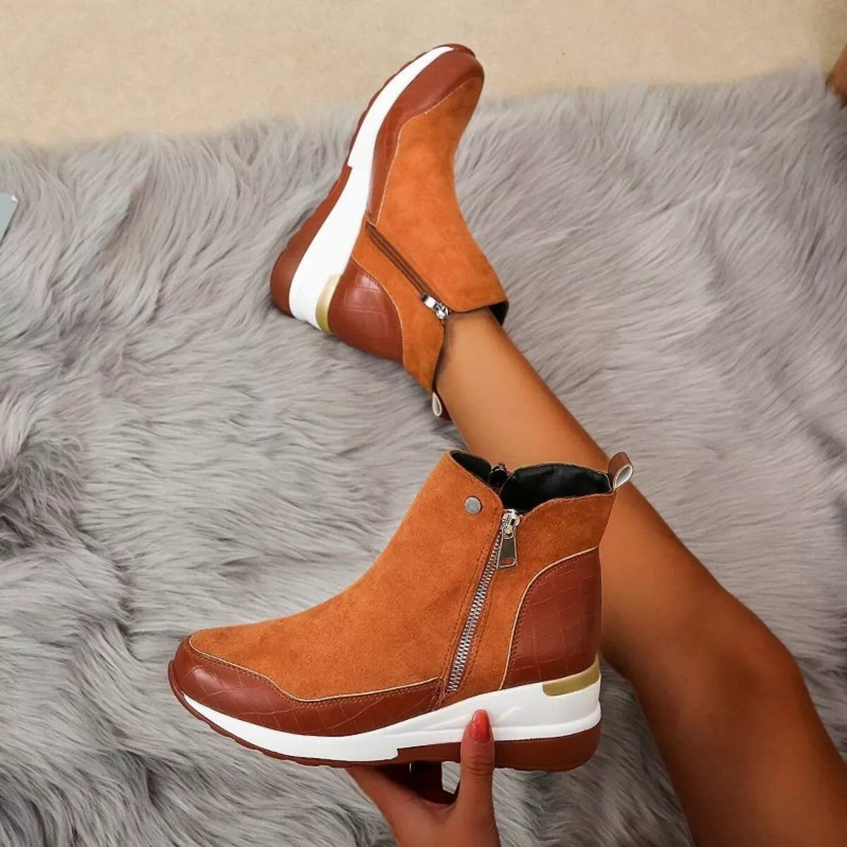 Side Zipper Ankle Boots - Brown - View 8