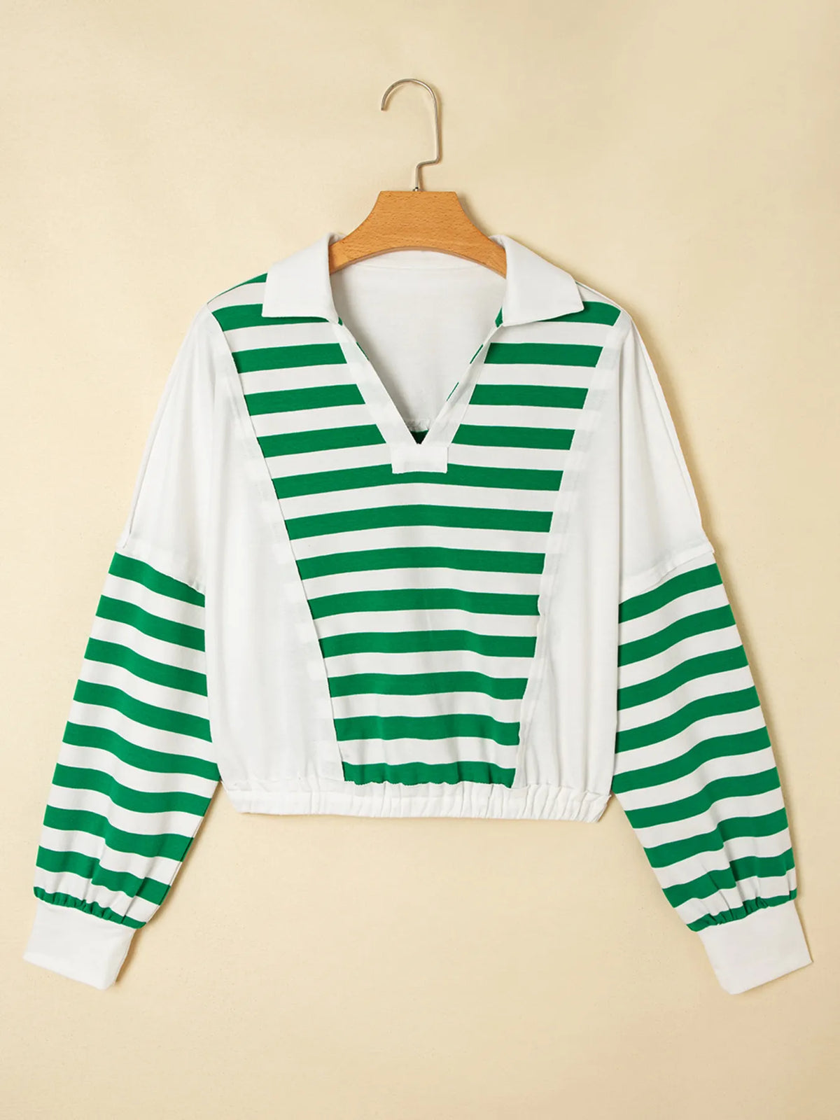 Stripe Colorblock Collared V Neck Cropped Top - Green - View 2