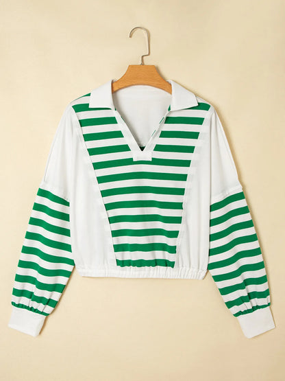 Stripe Colorblock Collared V Neck Cropped Top - Green - View 2