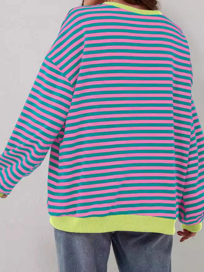 Striped Contrast Trim Oversized Sweatshirt - Pink - View 2