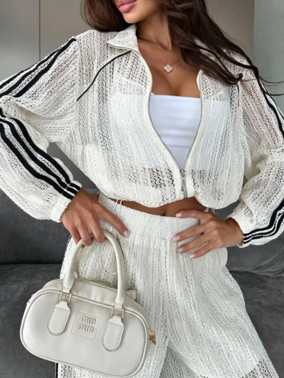 Side Stripes Zip Up Top and Pants Set - White - View 2