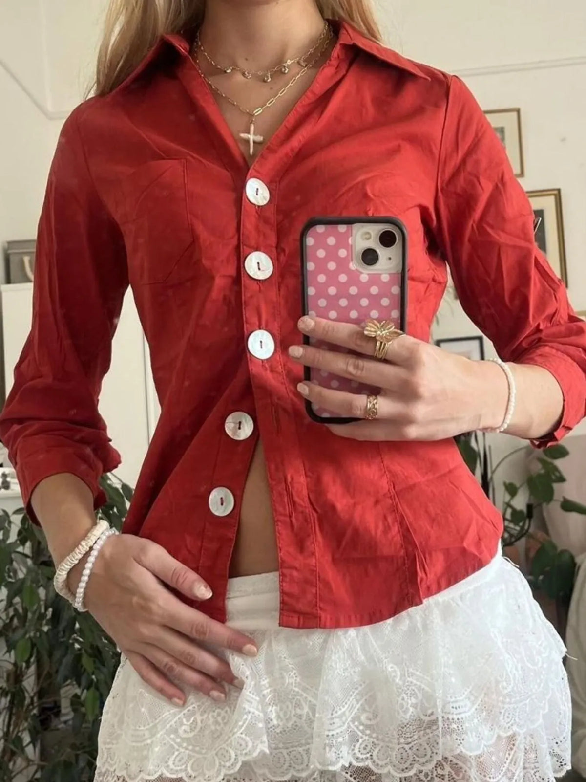 Collared Neck Button-Down Shirt - Red - View 7