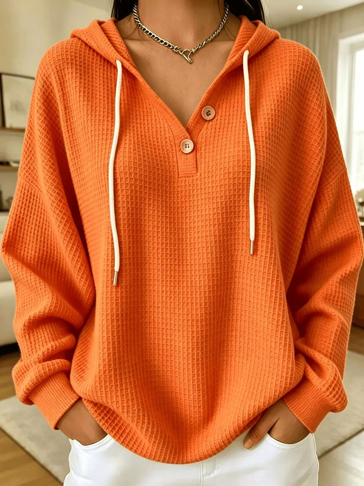 Full Size Waffle Knit Button Detail Hoodie Plus Size - Orange - View 30