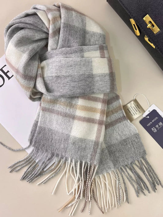 Plaid Fringe Scarf - Light Gray - View 1