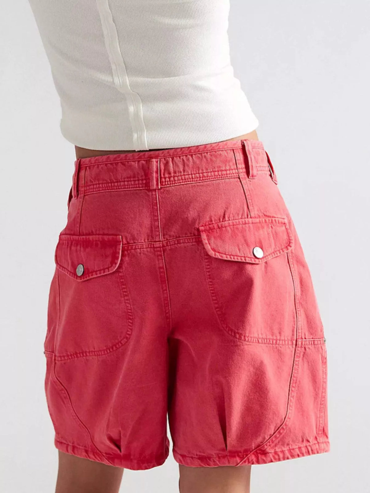 High-Waisted Denim Shorts - Red - View 3