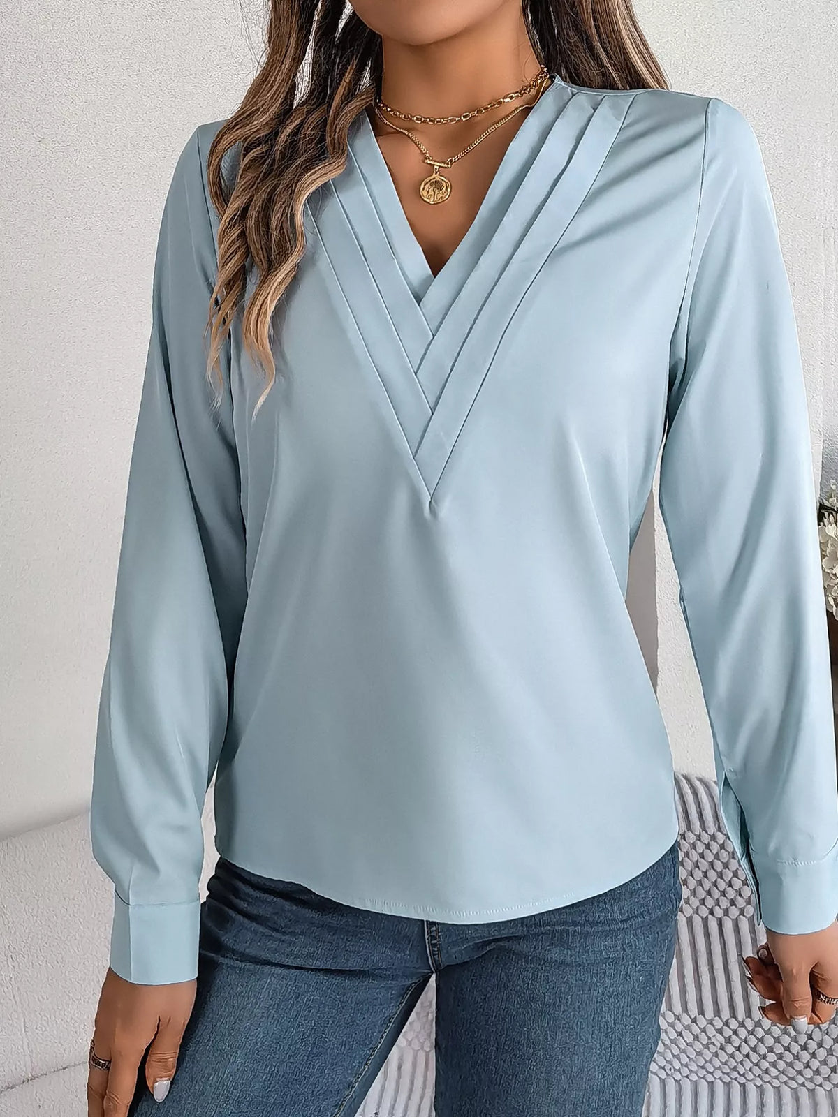 Layered V-Neck Long Sleeve Blouse - Light Blue - View 6