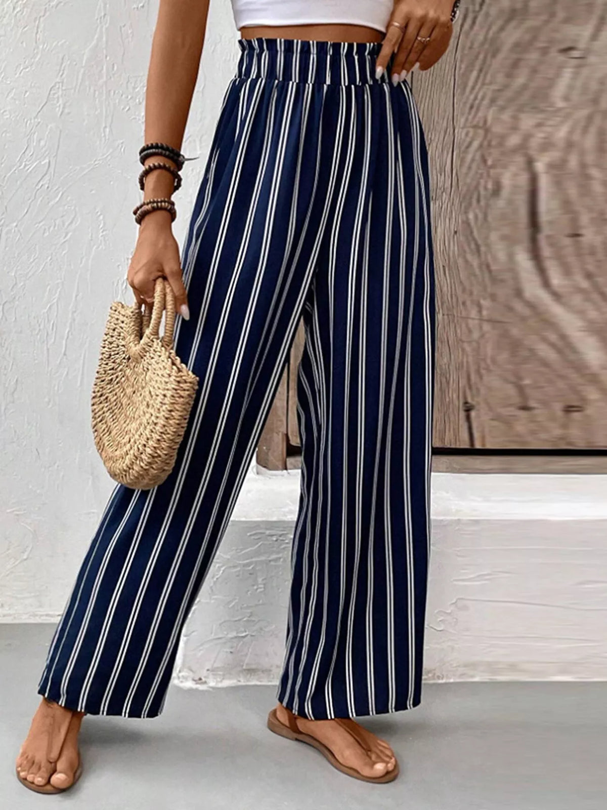 Striped Wide-Leg Pants with Elastic Waistband - Dark Blue - View 4