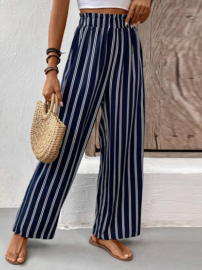 Striped Wide-Leg Pants with Elastic Waistband - Dark Blue - View 4