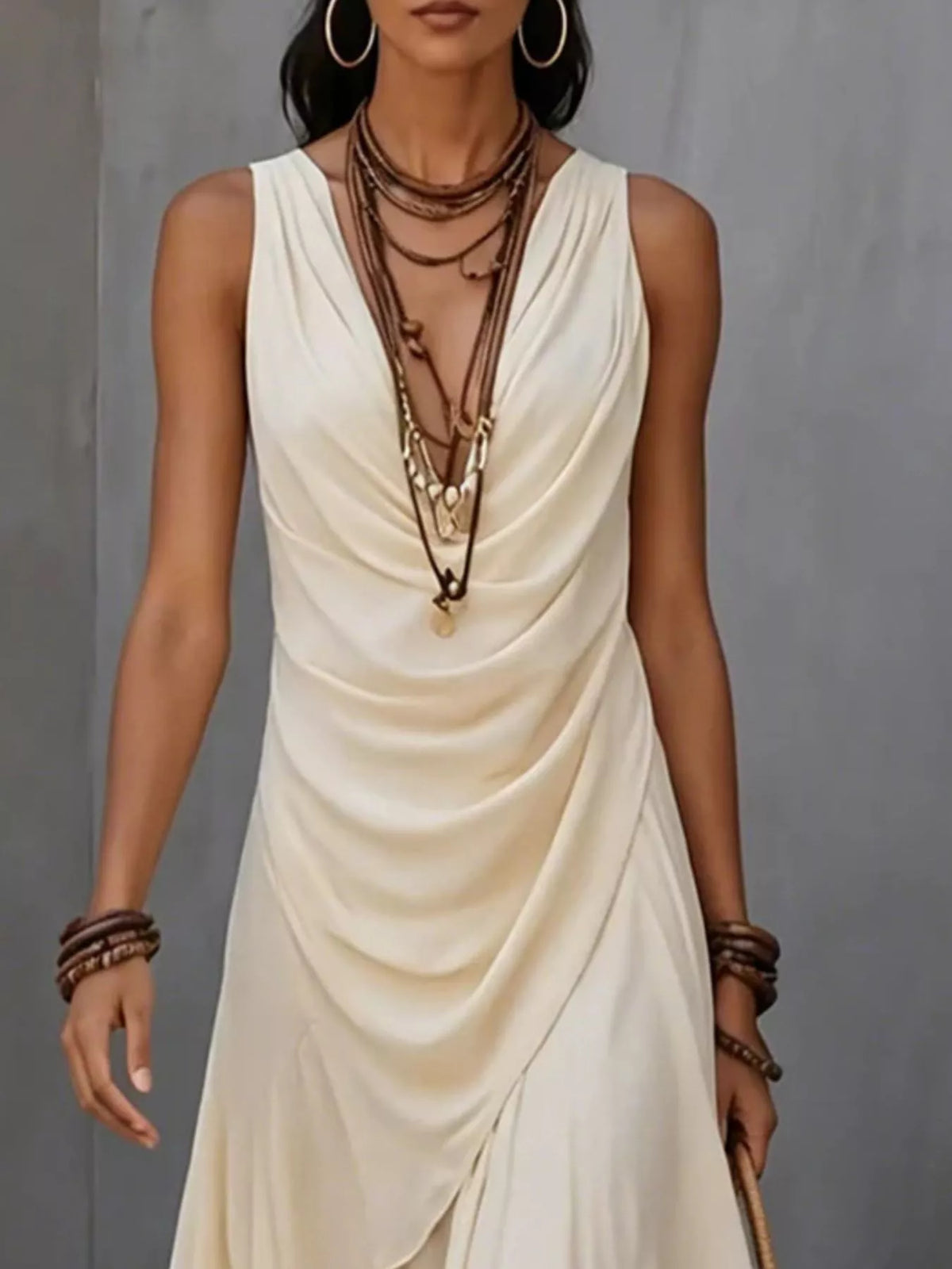 Sleeveless Layered Ruffle Hem Maxi Dress - Beige - View 2