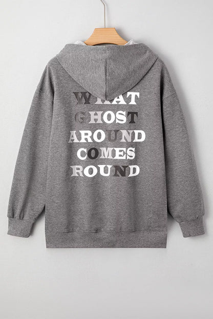 Halloween Ghost Print Mineral Wash Oversize Hoodie - Dark Gray - View 4