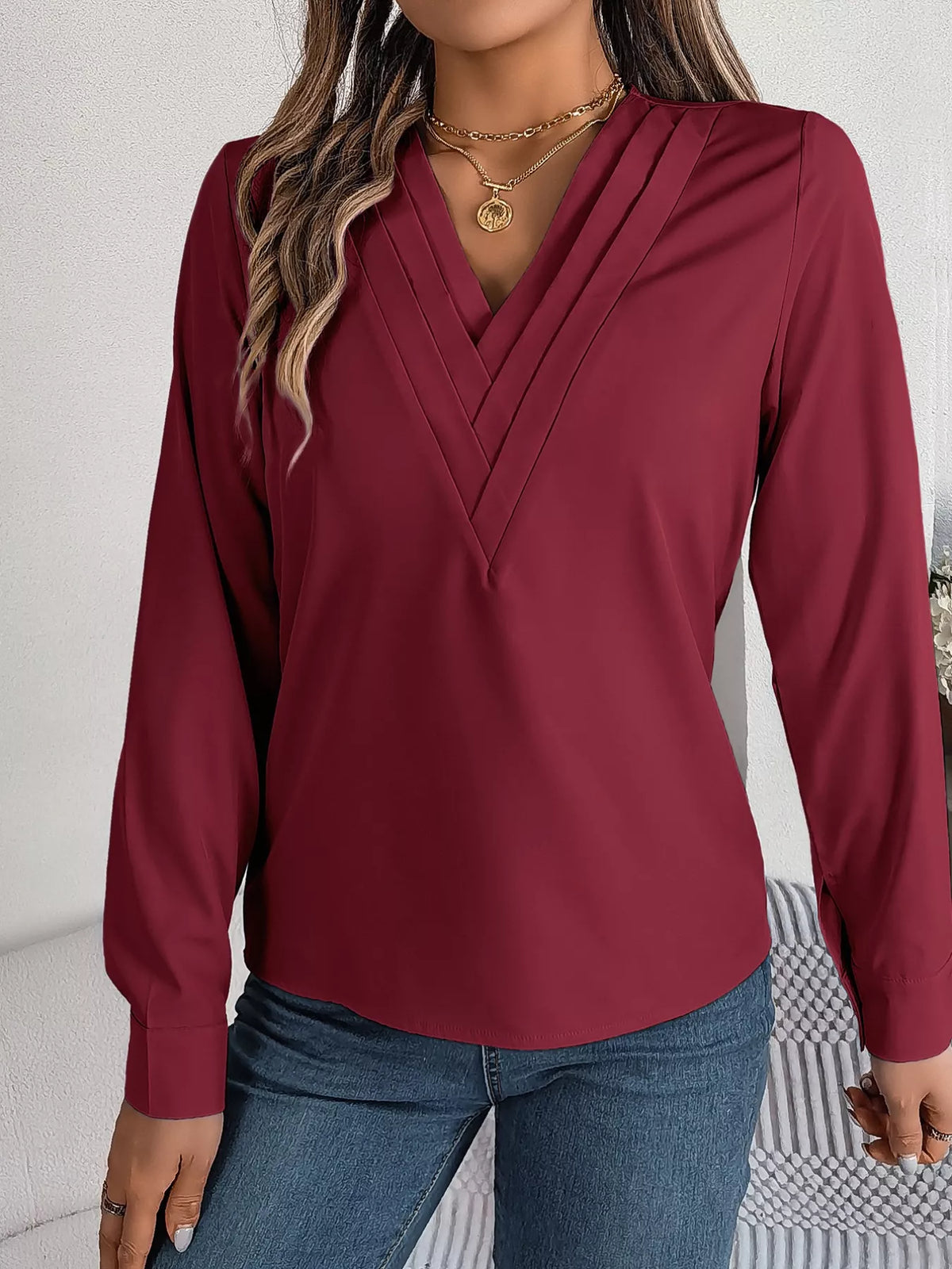 Layered V-Neck Long Sleeve Blouse - Burgundy - View 24