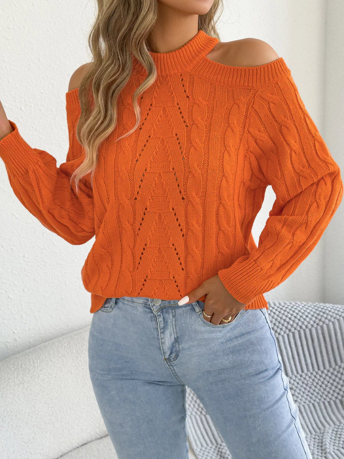 Cold Shoulder Cable Knit Sweater - Orange - View 2