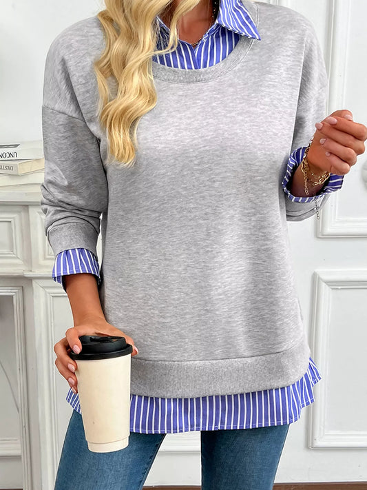 Striped Collar 2-in-1 Patchwork Casual Loose Sweatshirt - Light Gray - View 1