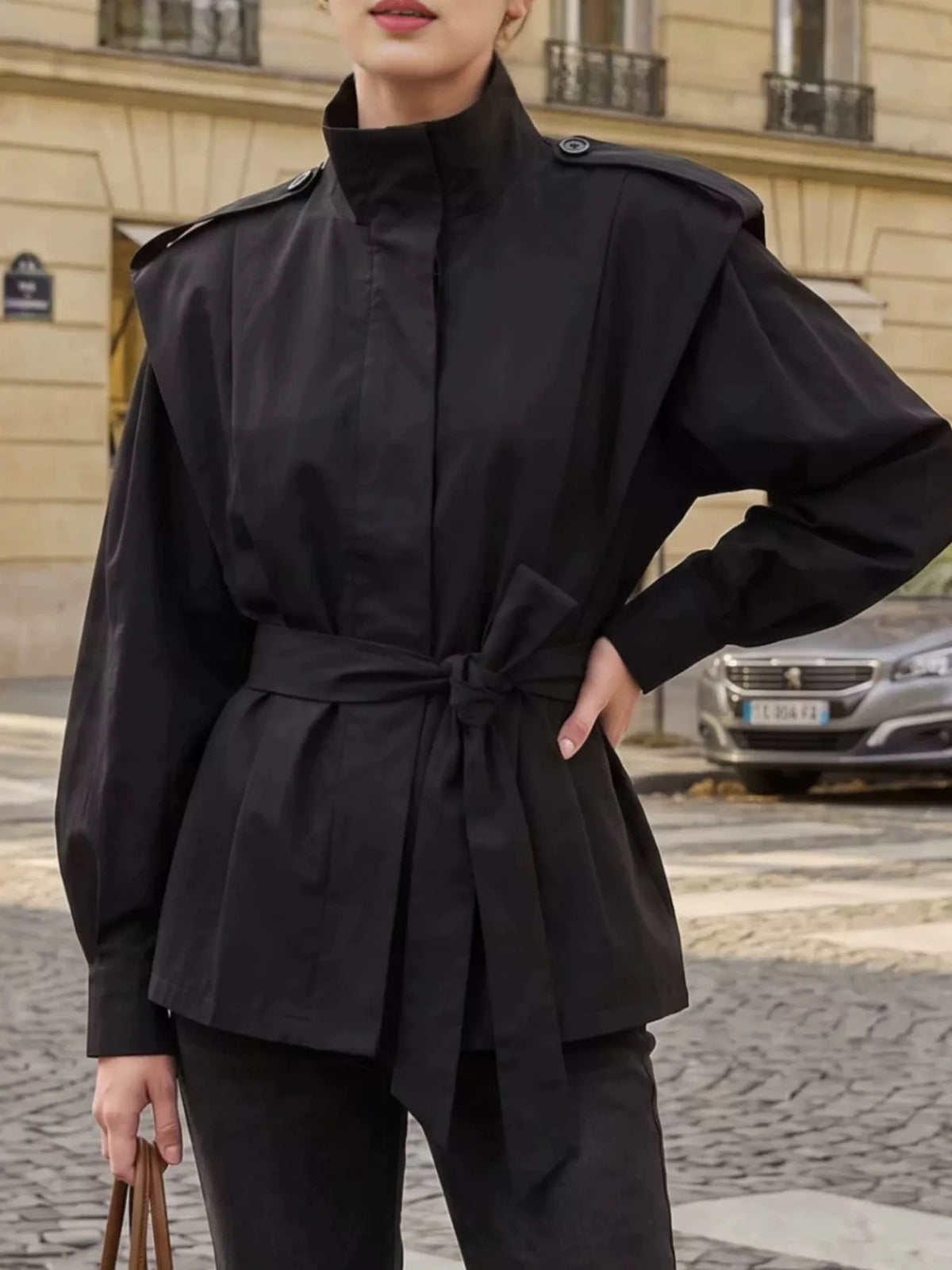 Stand-Collar Belted Outerwear - Black - View 1
