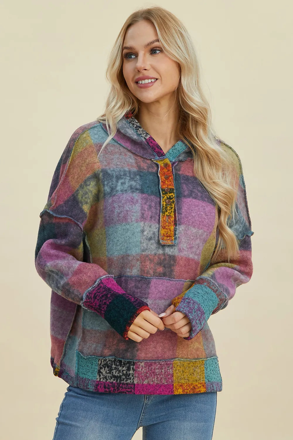 Double Take Full Size Plaid Dropped Shoulder Fleece Hoodie Plus Size - Heliotrope Purple - View 1