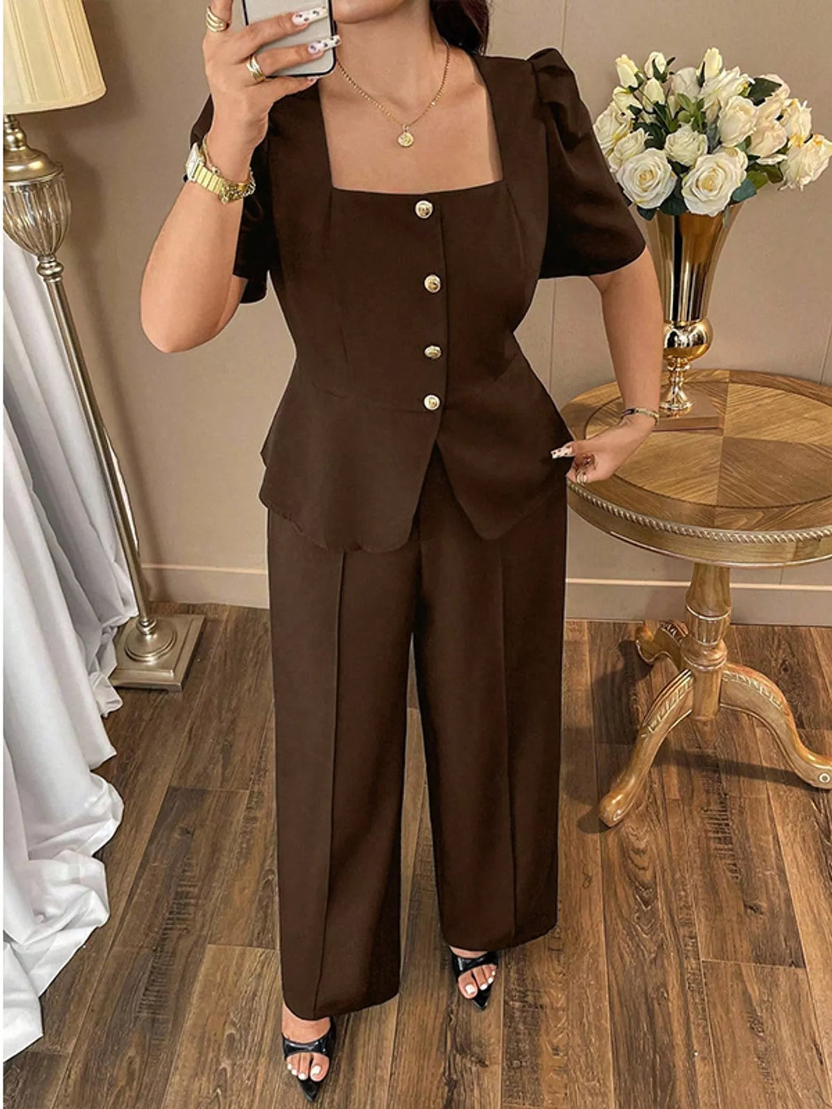 Plus Size Peplum Top and Wide-Leg Pants Two-Piece Set - Brown - View 15