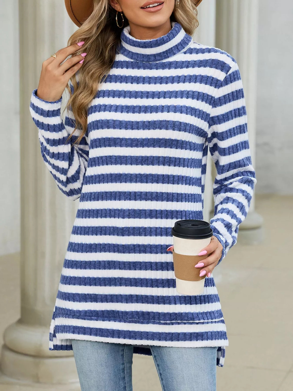Striped Ribbed Knit Turtleneck Long Sleeve T-Shirt - Blue - View 1