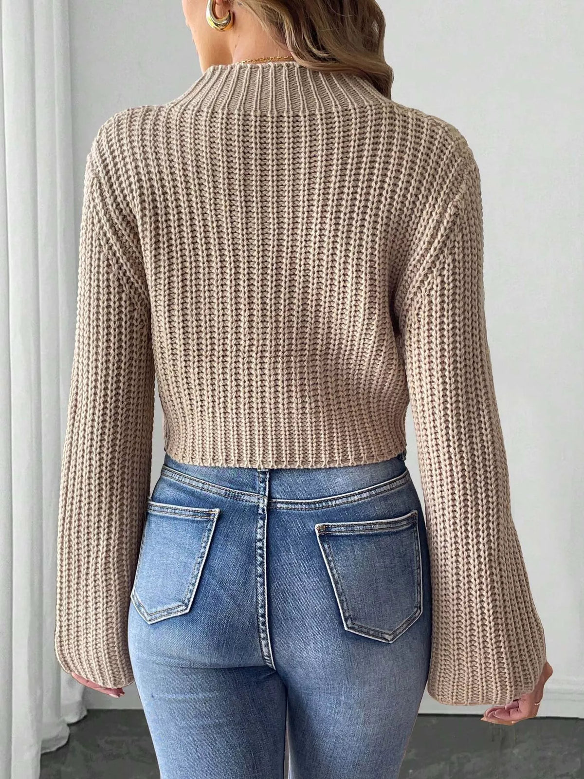 Bow-Decorated Mock Neck Cropped Sweater - Khaki - View 4