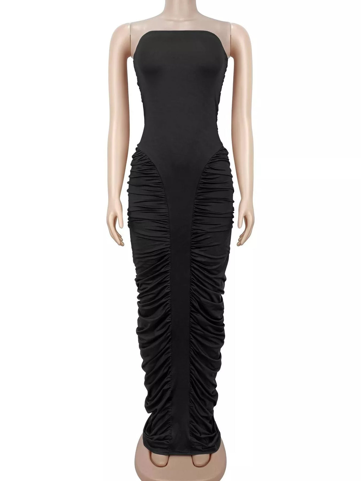 Strapless Ruched Bodycon Maxi Dress - Black - View 4
