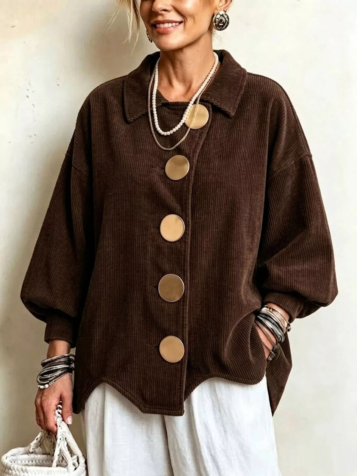 Full Size Corduroy Button-Down Jacket Plus Size - Dark Brown - View 9