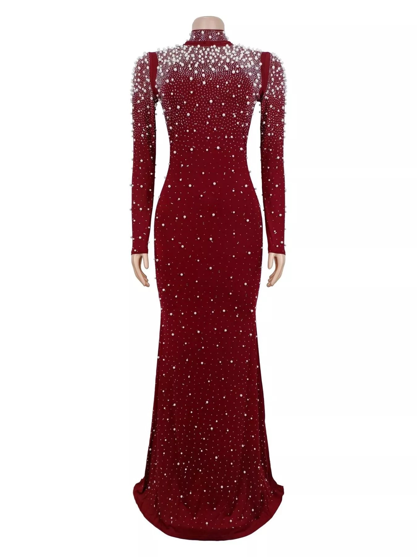 Rhinestone Long Sleeve Mermaid Maxi Dress - Burgundy - Rear Product View