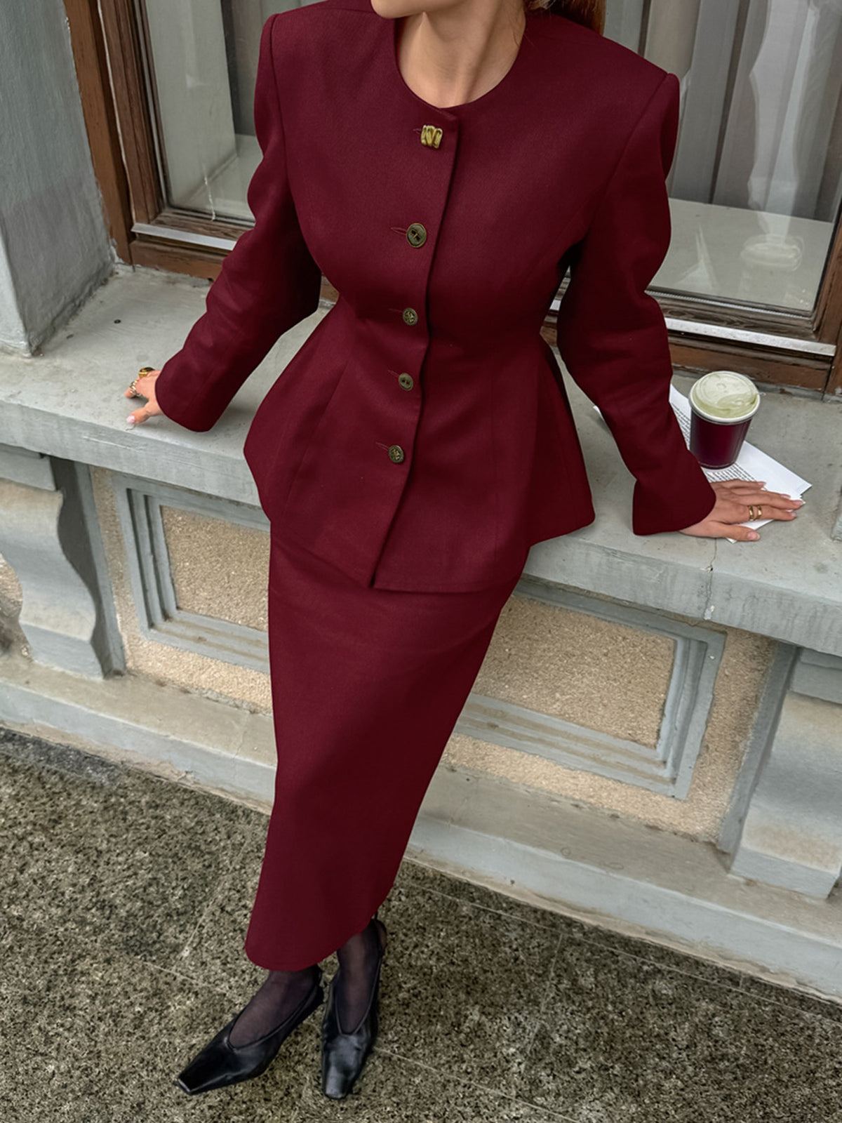 Button Up Peplum Blazer & Skirt Set - Burgundy - View 1