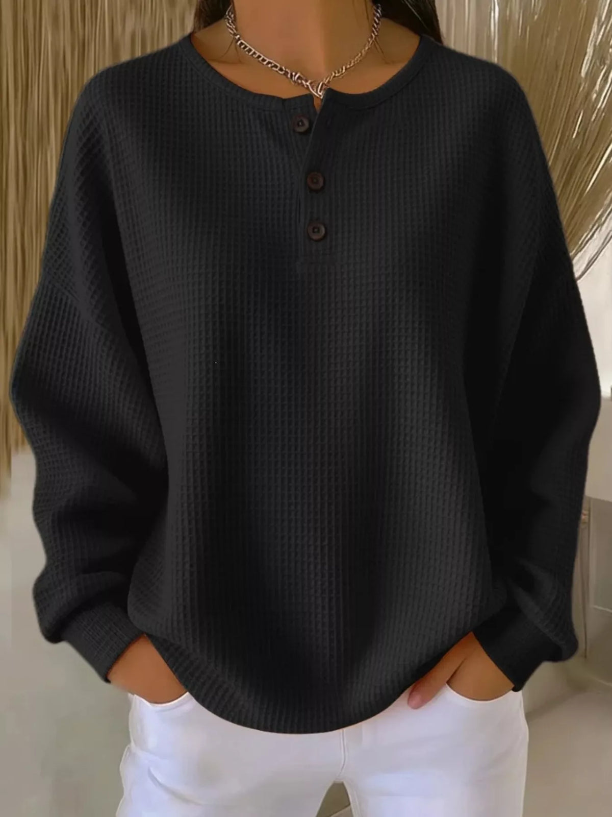 Full Size Waffle Knit Button Detail Top Plus Size - Black - View 1