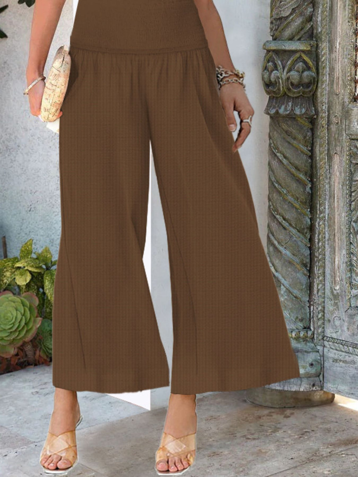 Wide-Leg Smocked Waist Pants - Coffee - View 14