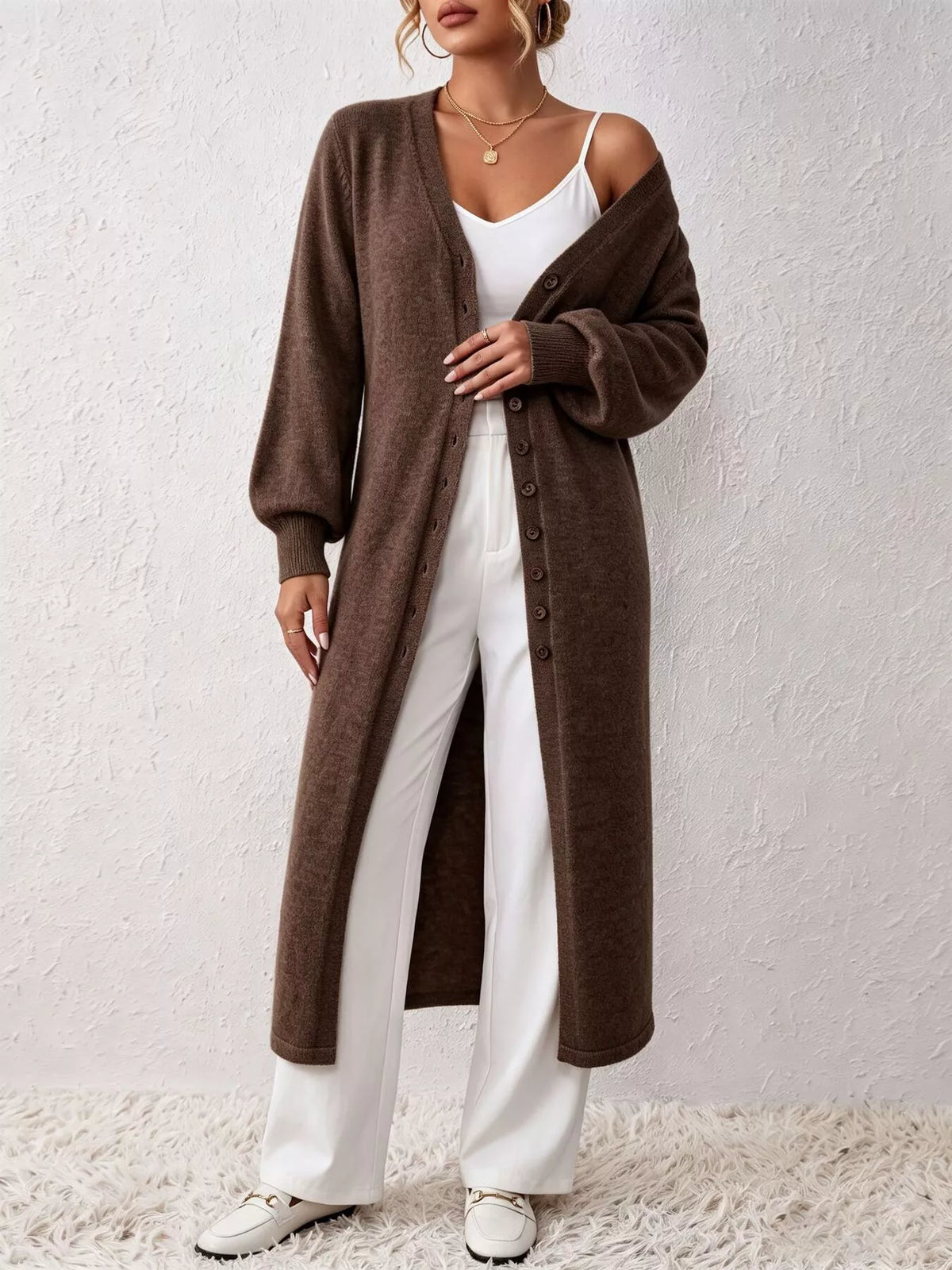 Button Front Long Sleeve Sweater Dress - Dark Brown - View 1