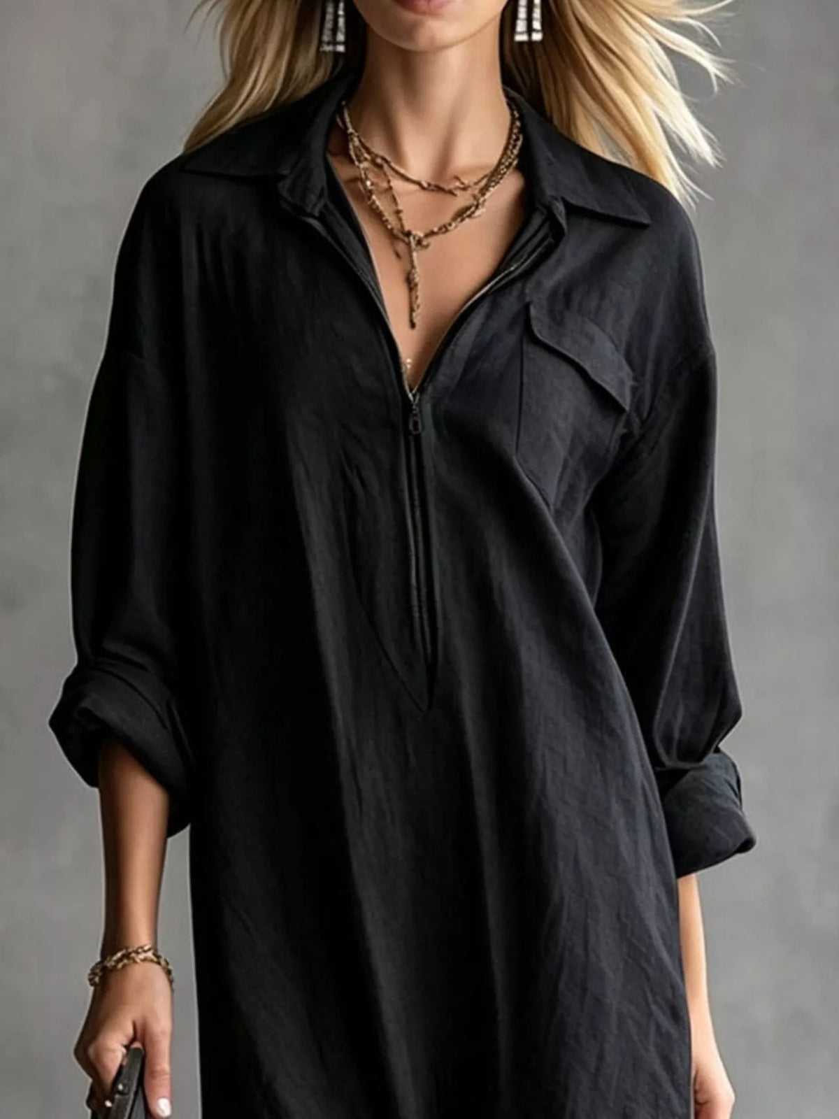 Zipper-Front Fringe Hem Midi Dress - Black - View 2