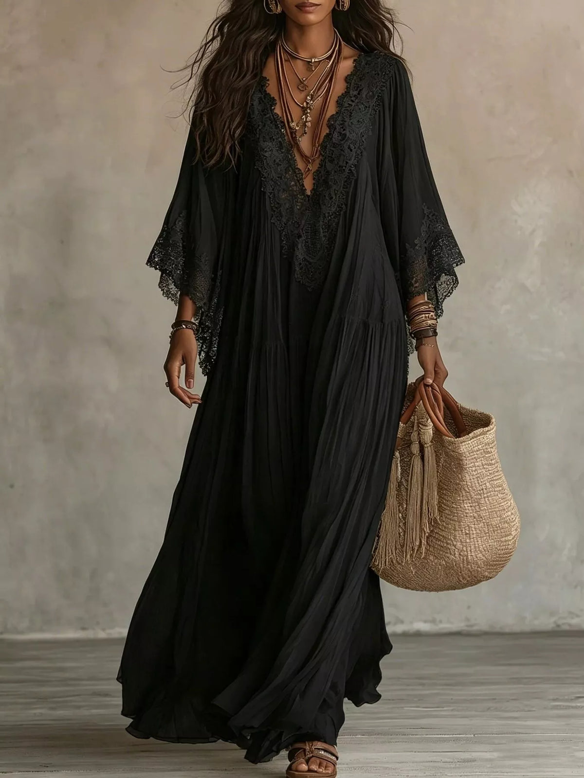 Lace Trim V-Neck Maxi Dress - Black - View 1