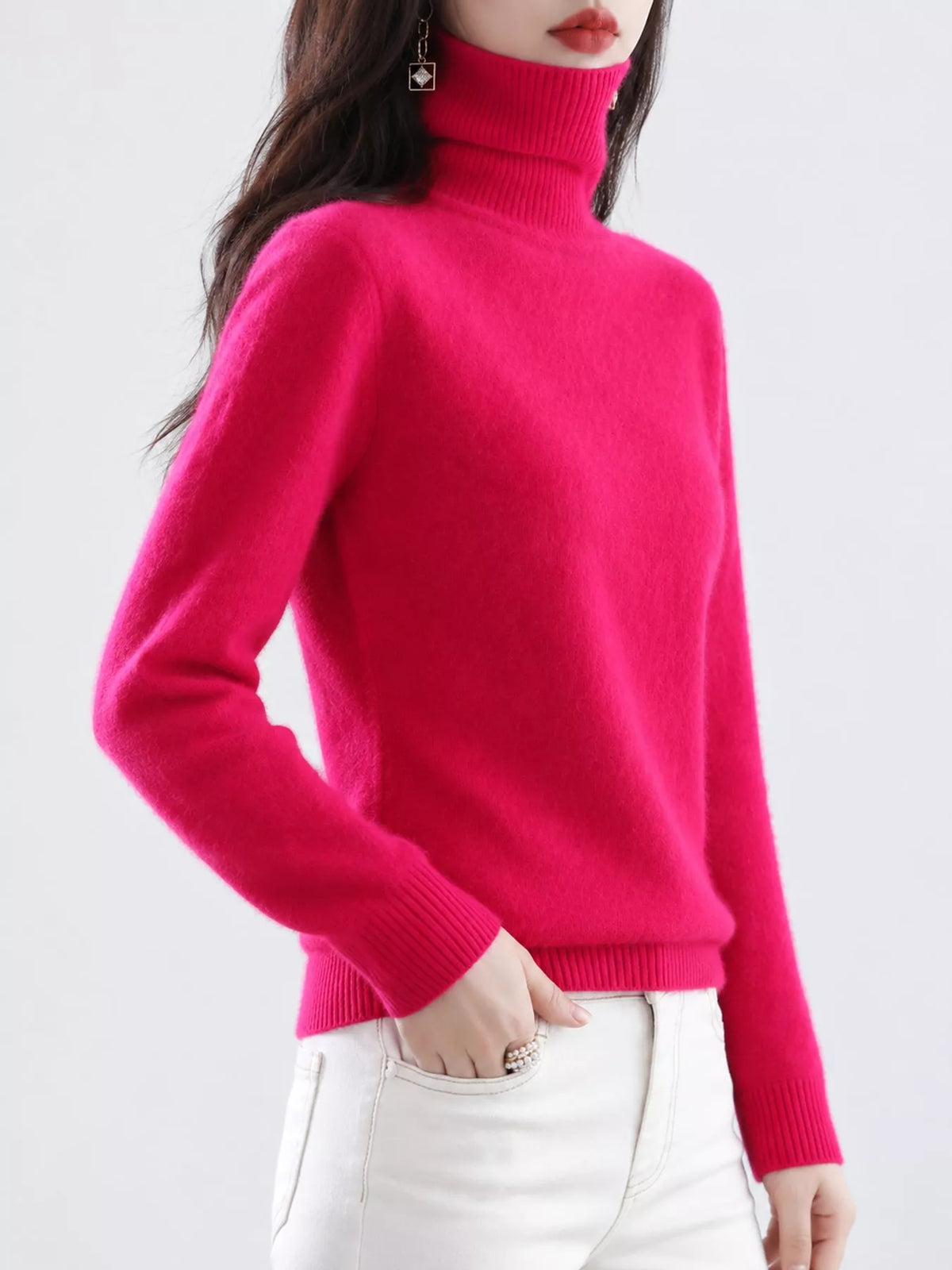 Full Size Turtleneck Long Sleeve Sweater Plus Size - Rose Red - View 42