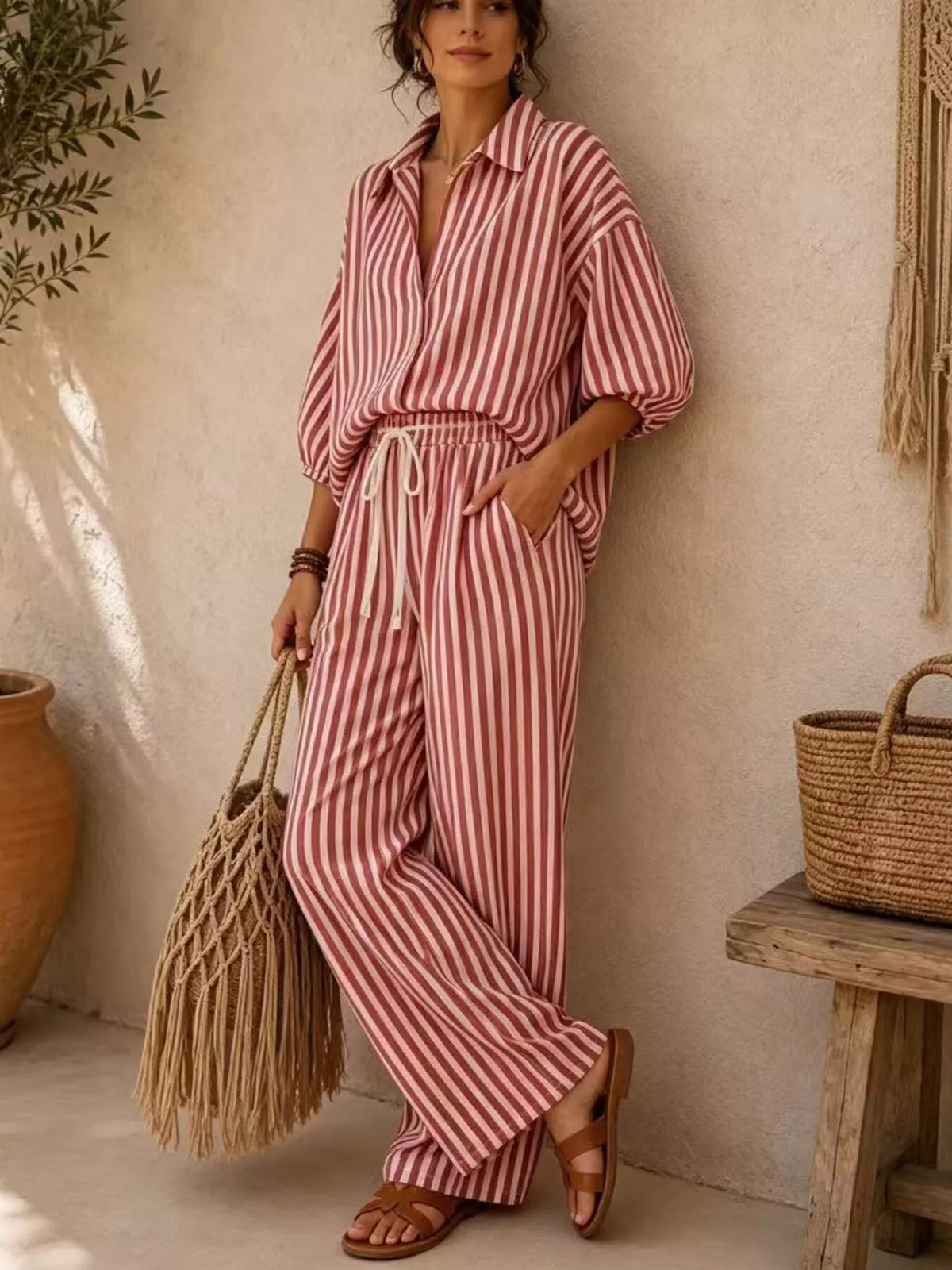 Striped Collared Shirt and Wide-Leg Drawstring Pants Set - Red - View 3