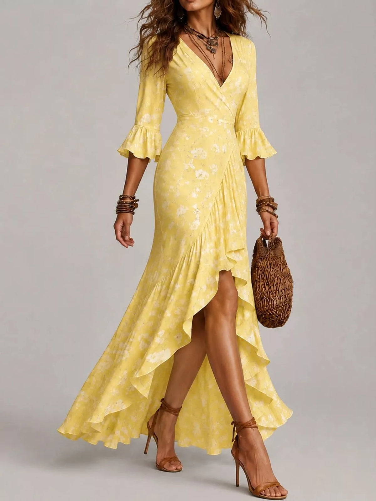 High-Low Ruffled Maxi Dress - Yellow - View 7