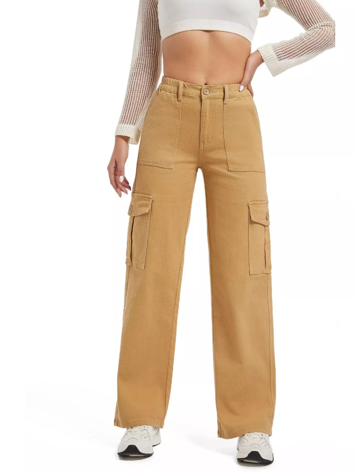 High-Waisted Cargo Jeans - Khaki - View 1