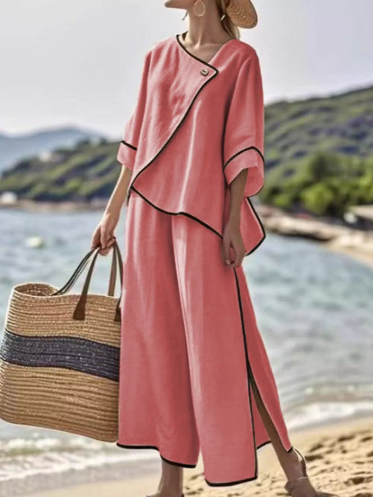 Full Size Contrast Trim Top and Wide Leg Pants Set Plus Size - Pink - View 1