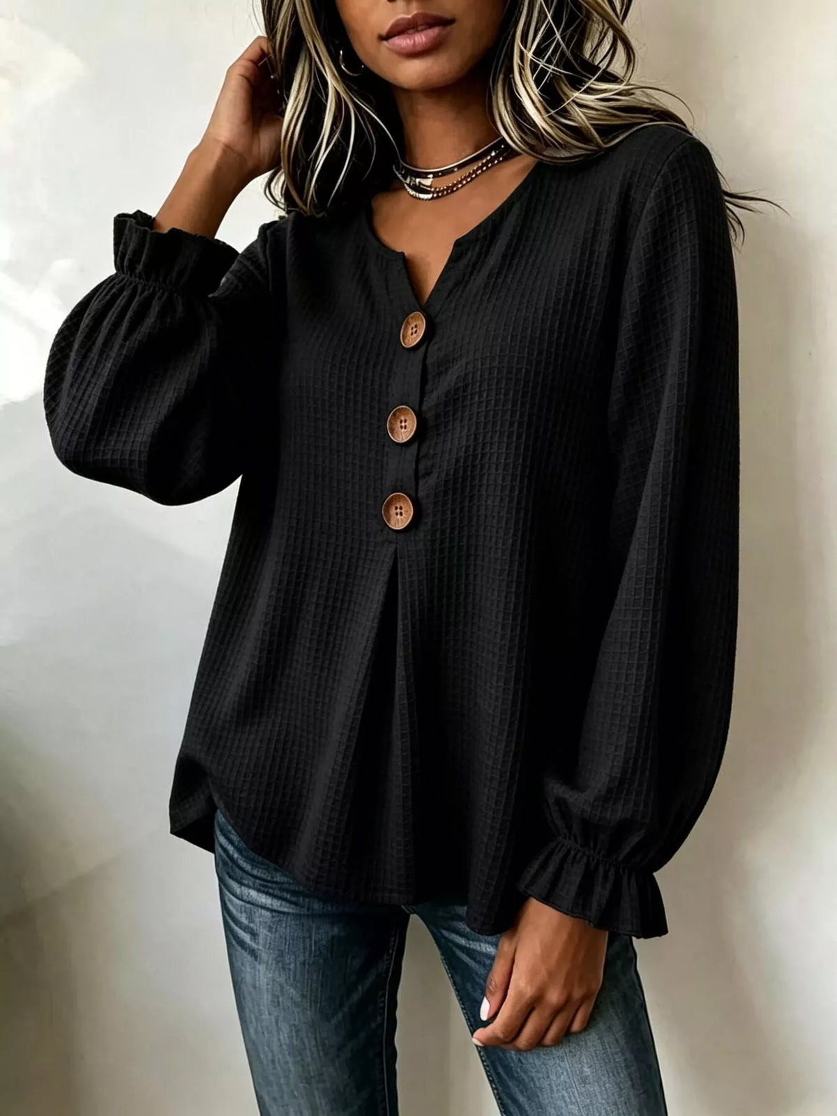 Waffle Knit Long Sleeve Top - Black - View 9