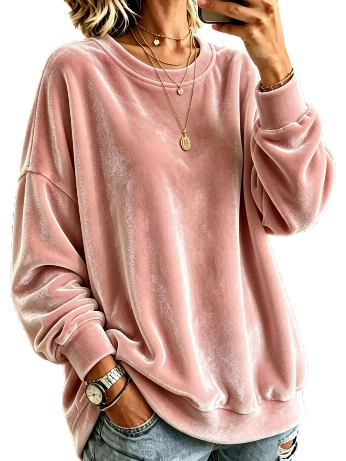 Full Size Crew Neck Drop Shoulder Sweatshirt Plus Size - Pink - View 30