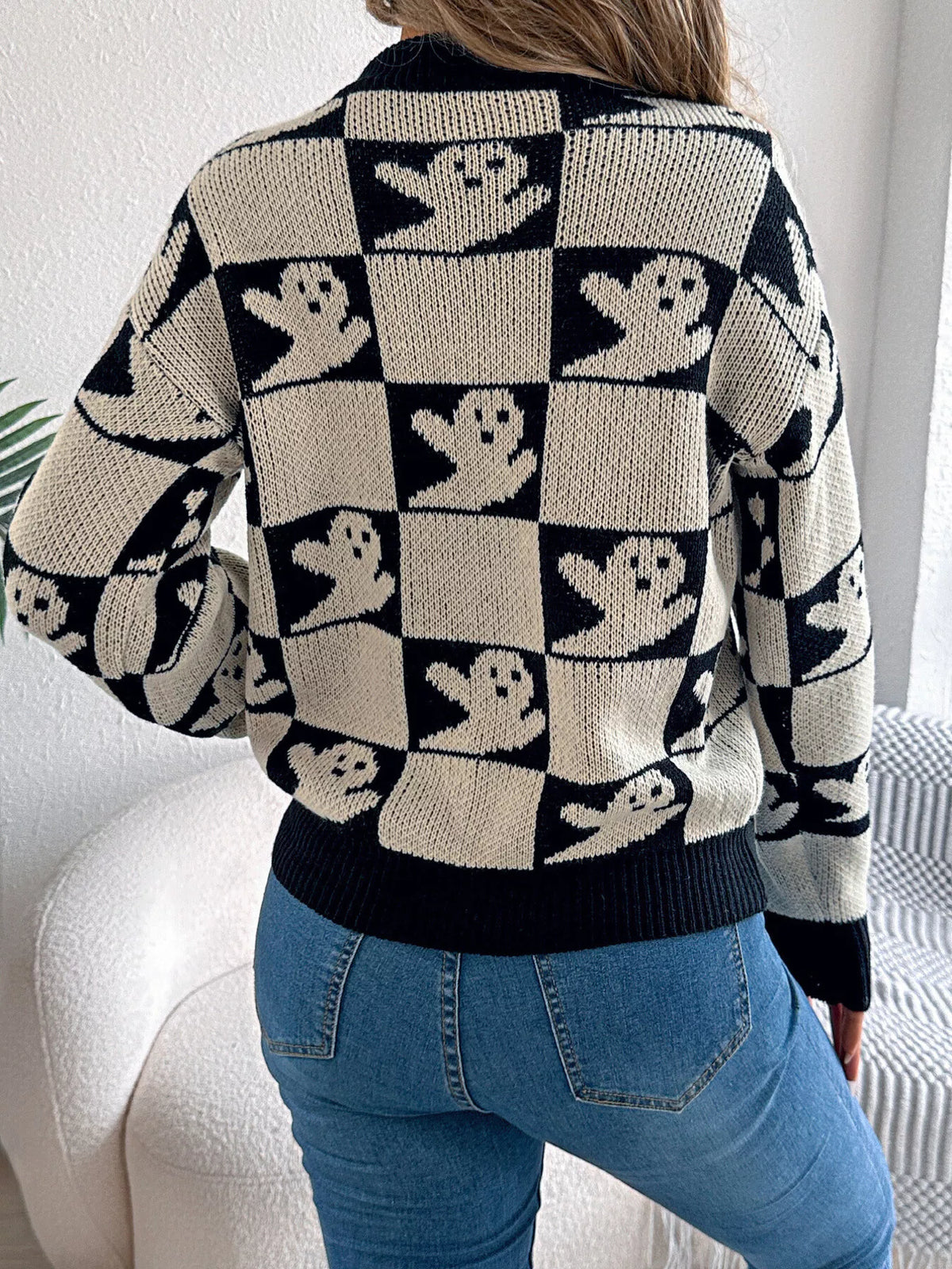 Checkerboard Halloween Graphic Sweater - Beige - View 3