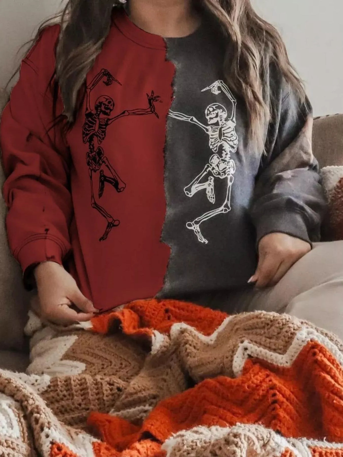 Halloween Skeleton Print Color Block Sweatshirt - Red - View 1