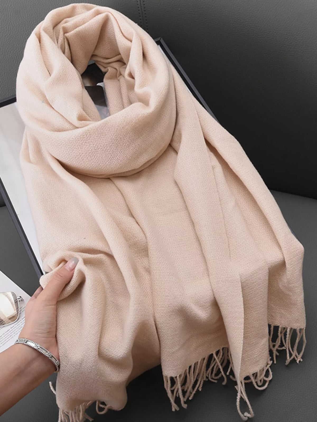 Solid Color Fringe Scarf - Ivory - View 3