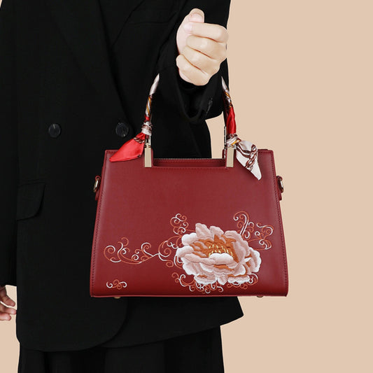 Embroidered Floral Leather Top Handle Handbag - Scarlet - View 2