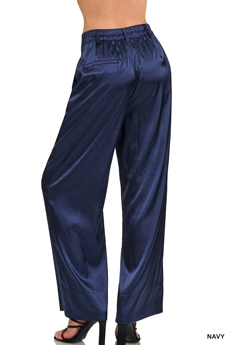 Zenana Wide-Leg Satin Pants - NAVY - View 3