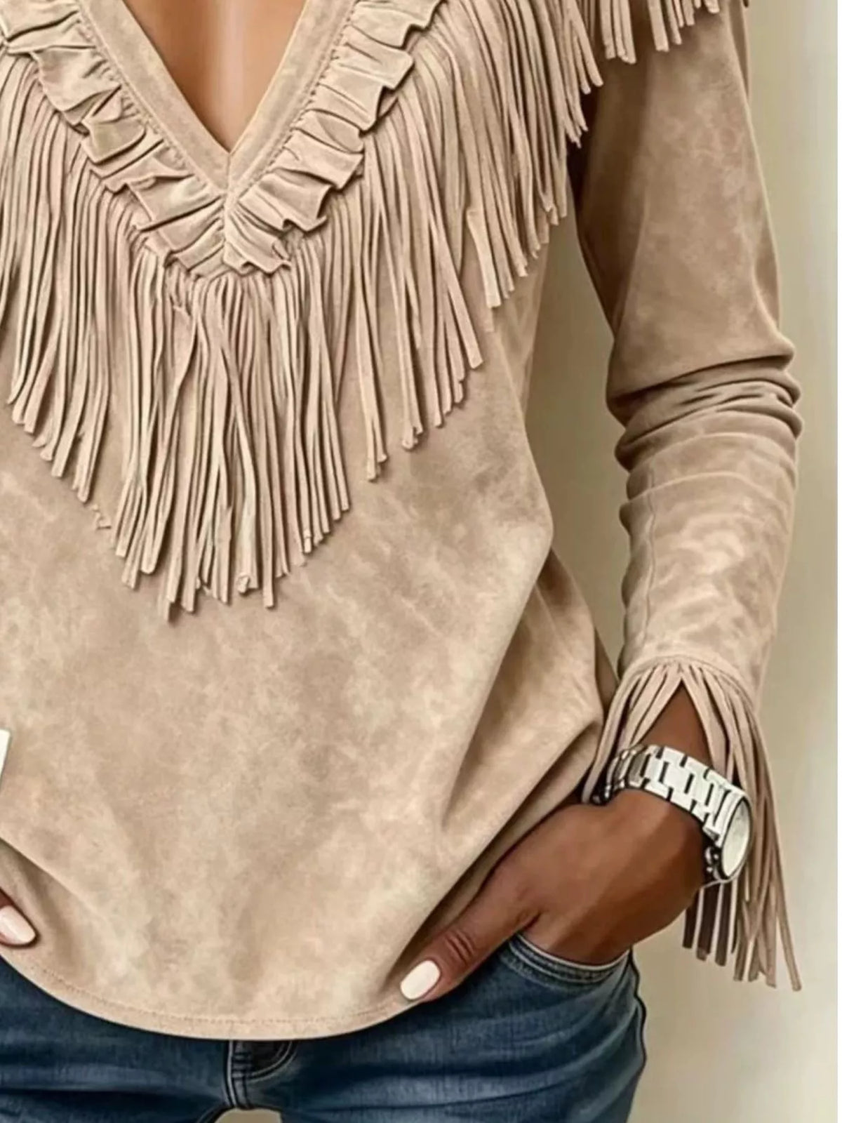 Fringed V-Neck Blouse - Beige - View 3