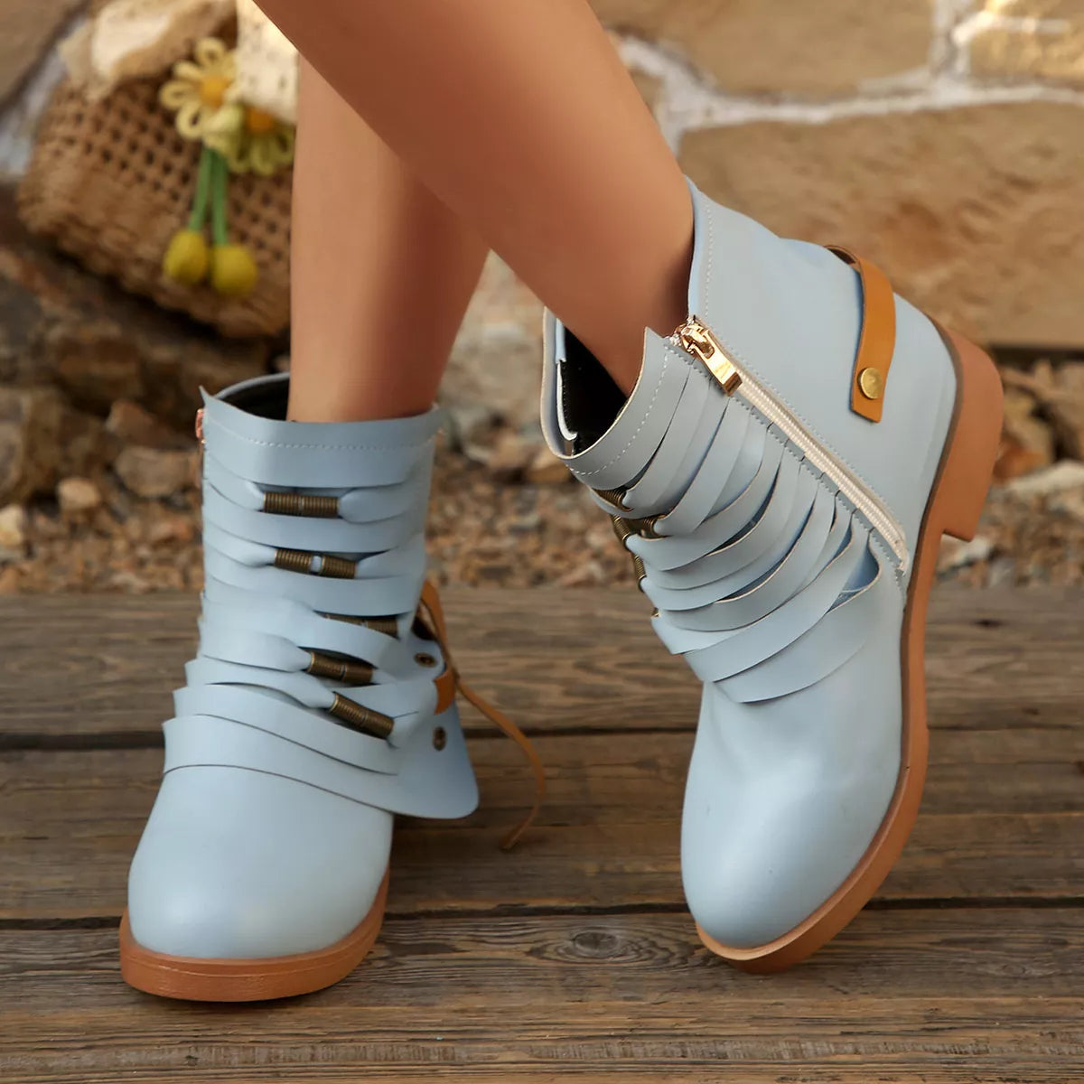 Strappy Buckle Ankle Boots - Blue - View 2