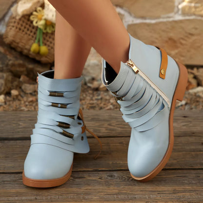 Strappy Buckle Ankle Boots - Blue - View 2