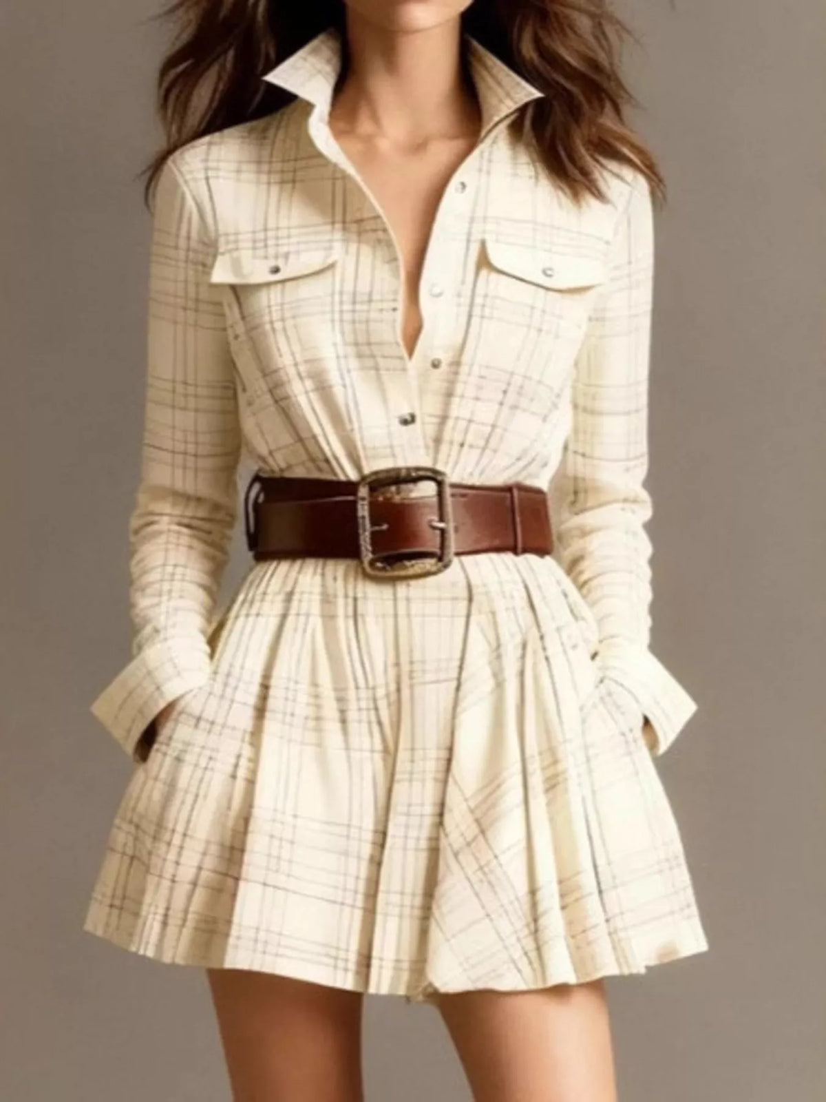 Plaid Long Sleeve Shirt Dress - Cream - View 1