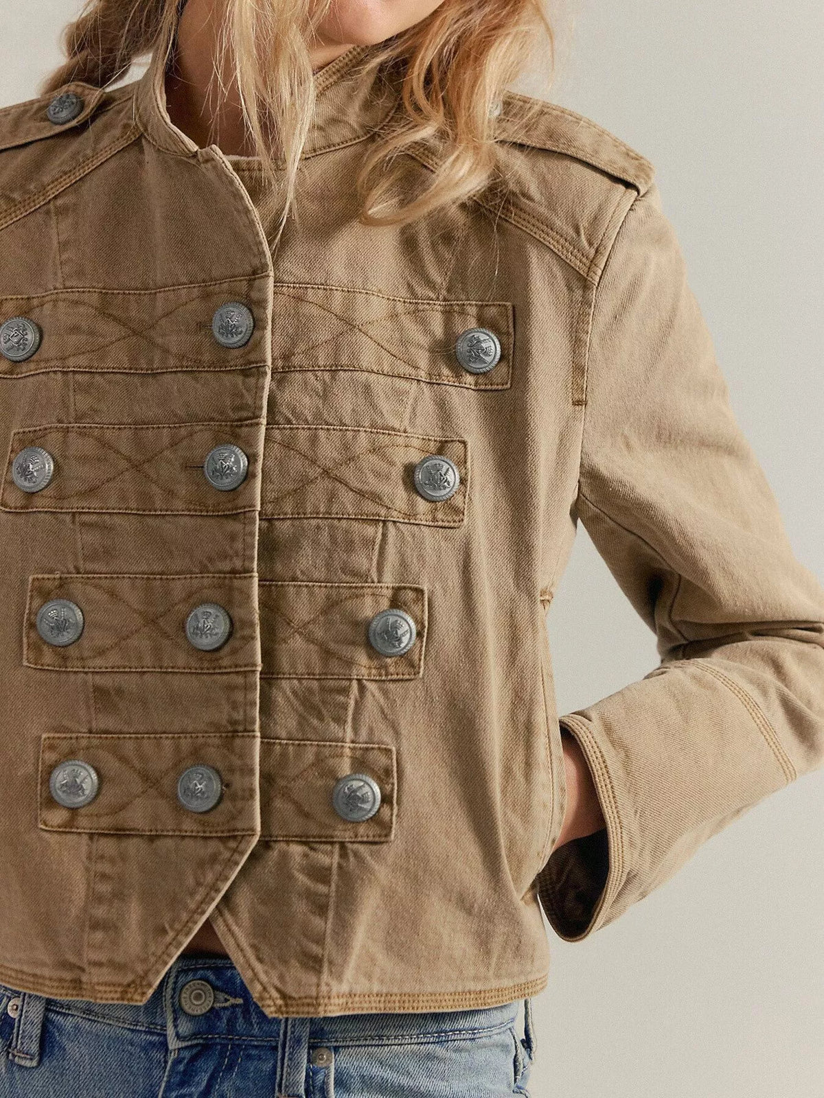 Decorative Button Cropped Jacket - Khaki Color - View 4