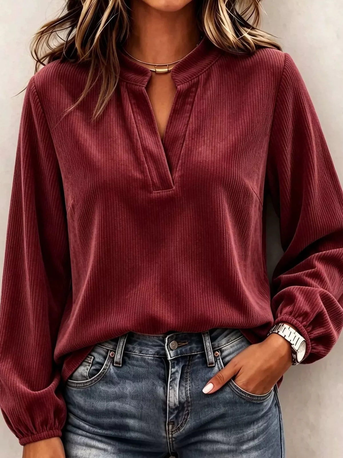 Full Size Corduroy Notched Long Sleeve Top Plus Size - Burgundy - View 1