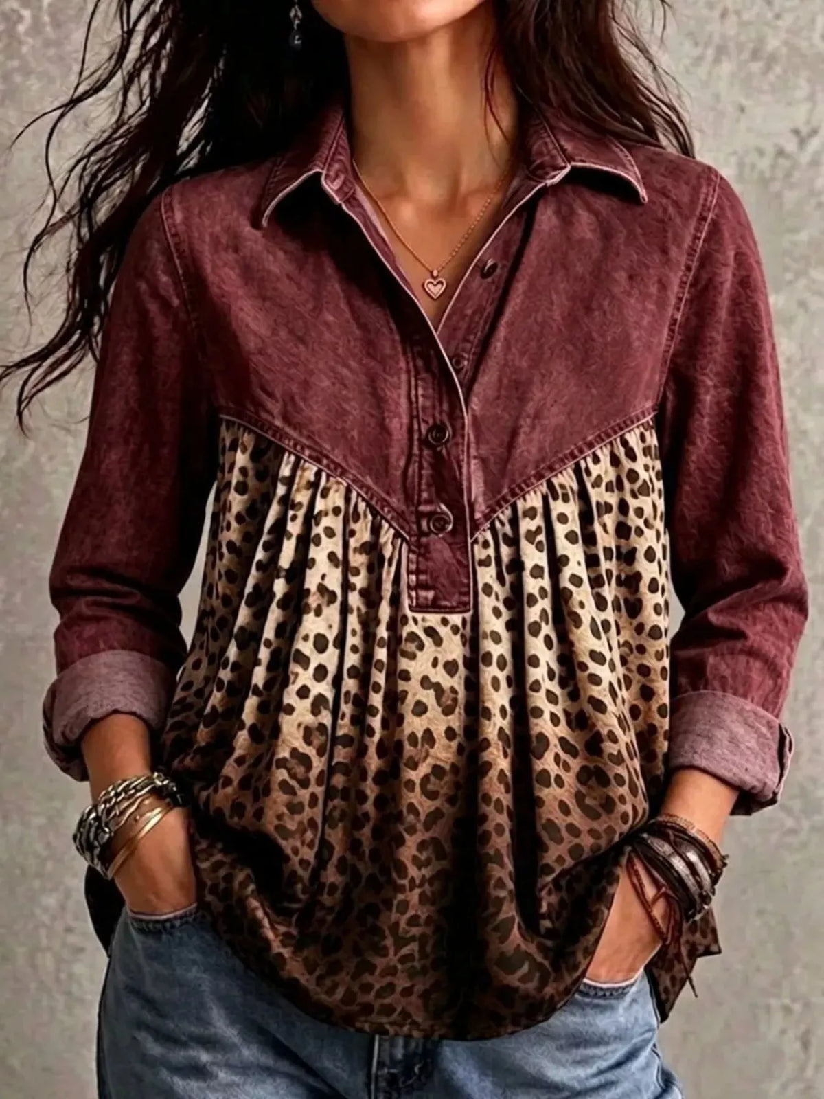 Full Size Leopard Button Detail Blouse Plus Size - Burgundy - View 1